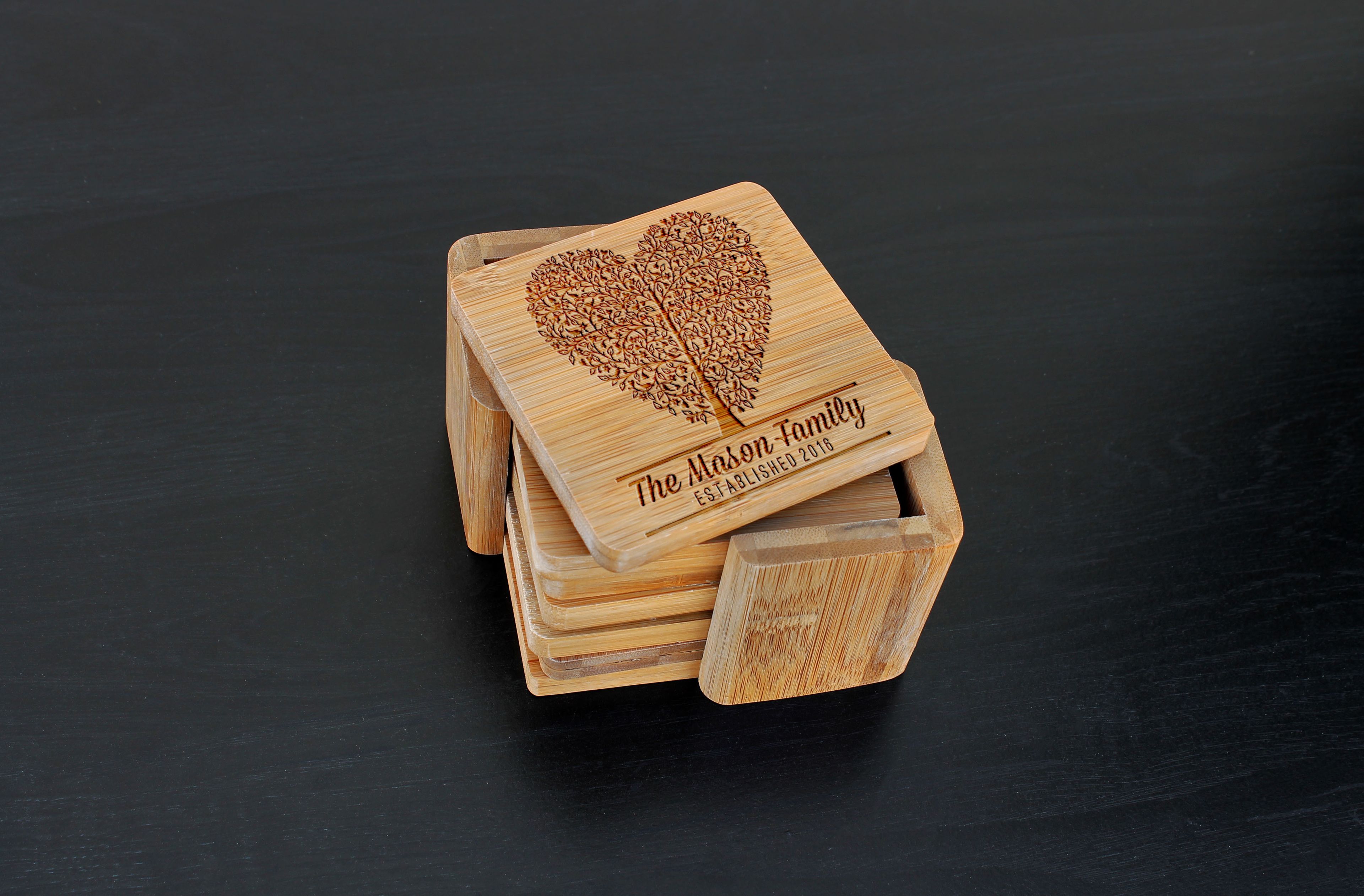 Custom Bamboo Coasters, Custom Engraved Coasters --Cst-Bam-Mason Heart Tree