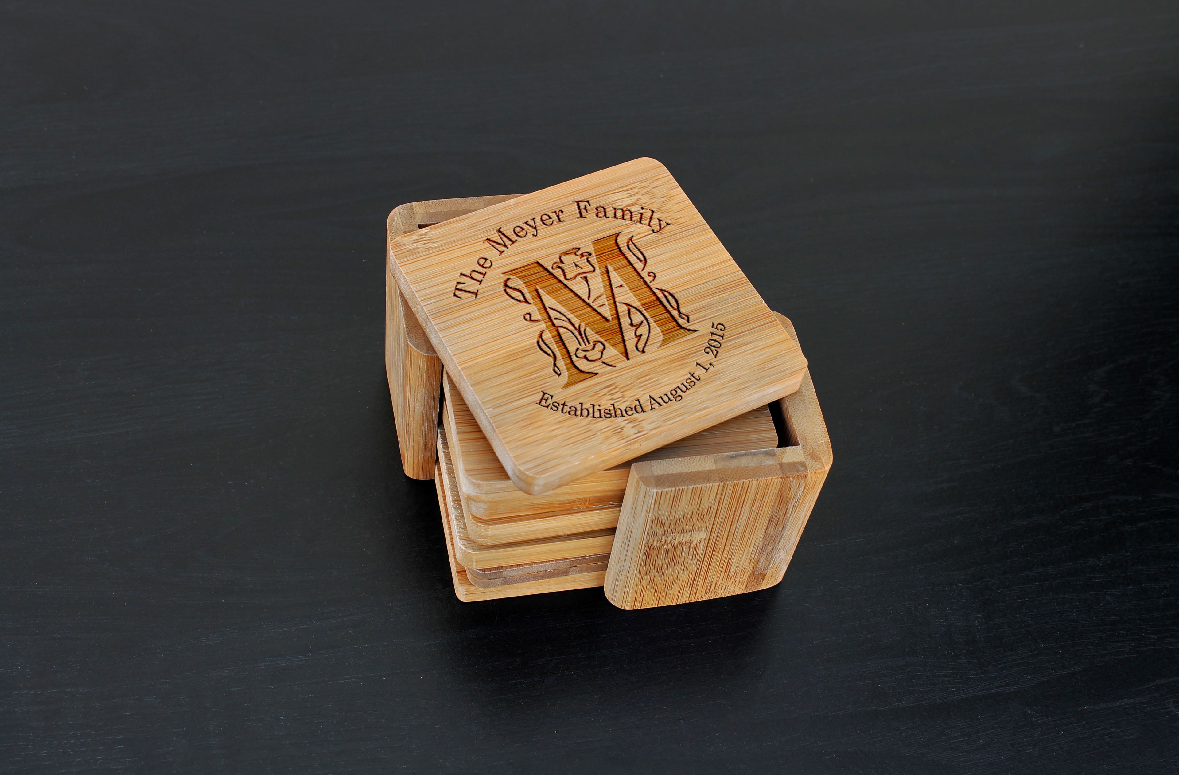 Custom Bamboo Coasters, Custom Engraved Coasters --Cst-Bam-Meyer Family