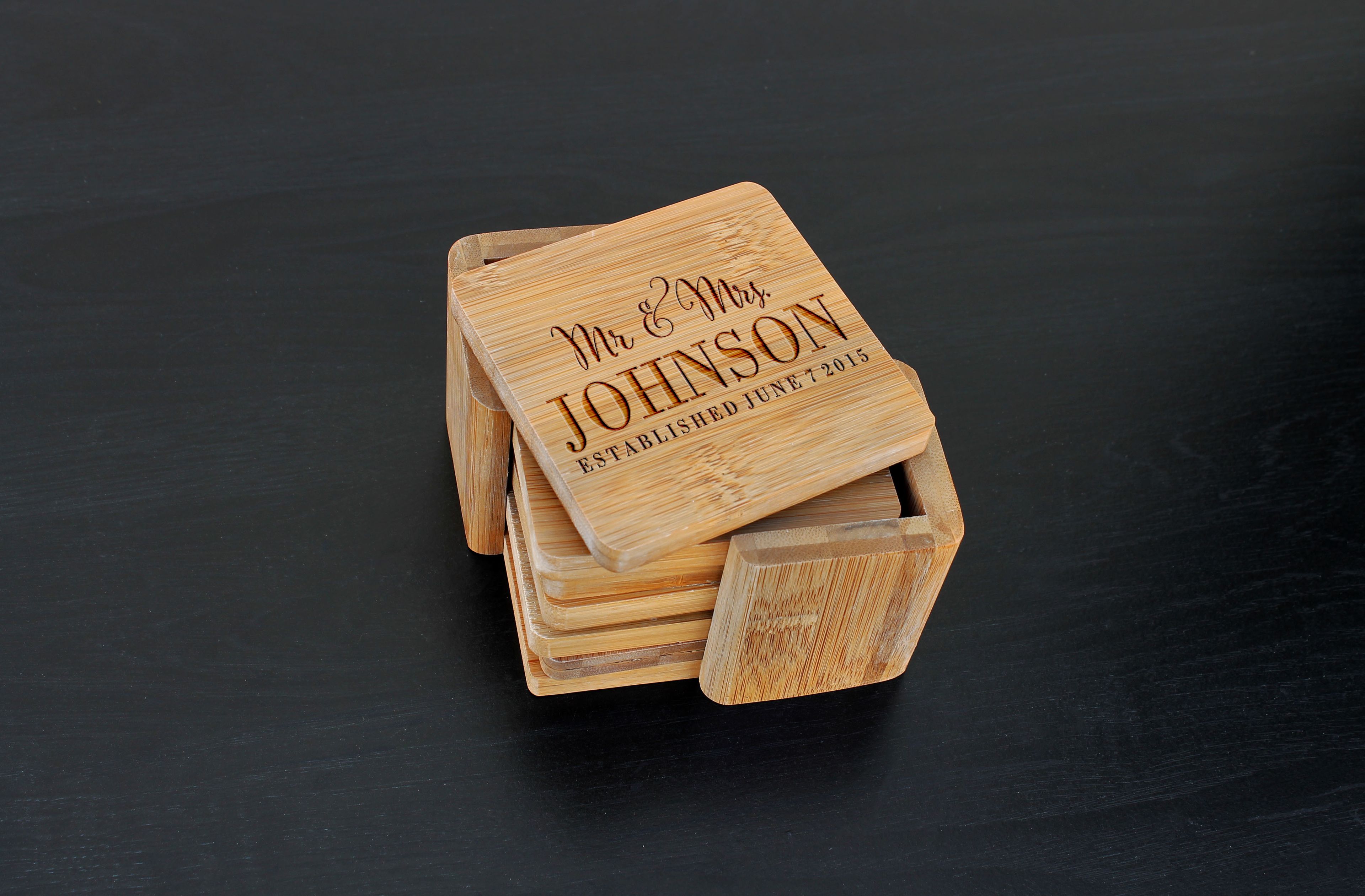 Custom Bamboo Coasters, Custom Engraved Coasters --Cst-Bam-Mr. & Mrs. Johnson