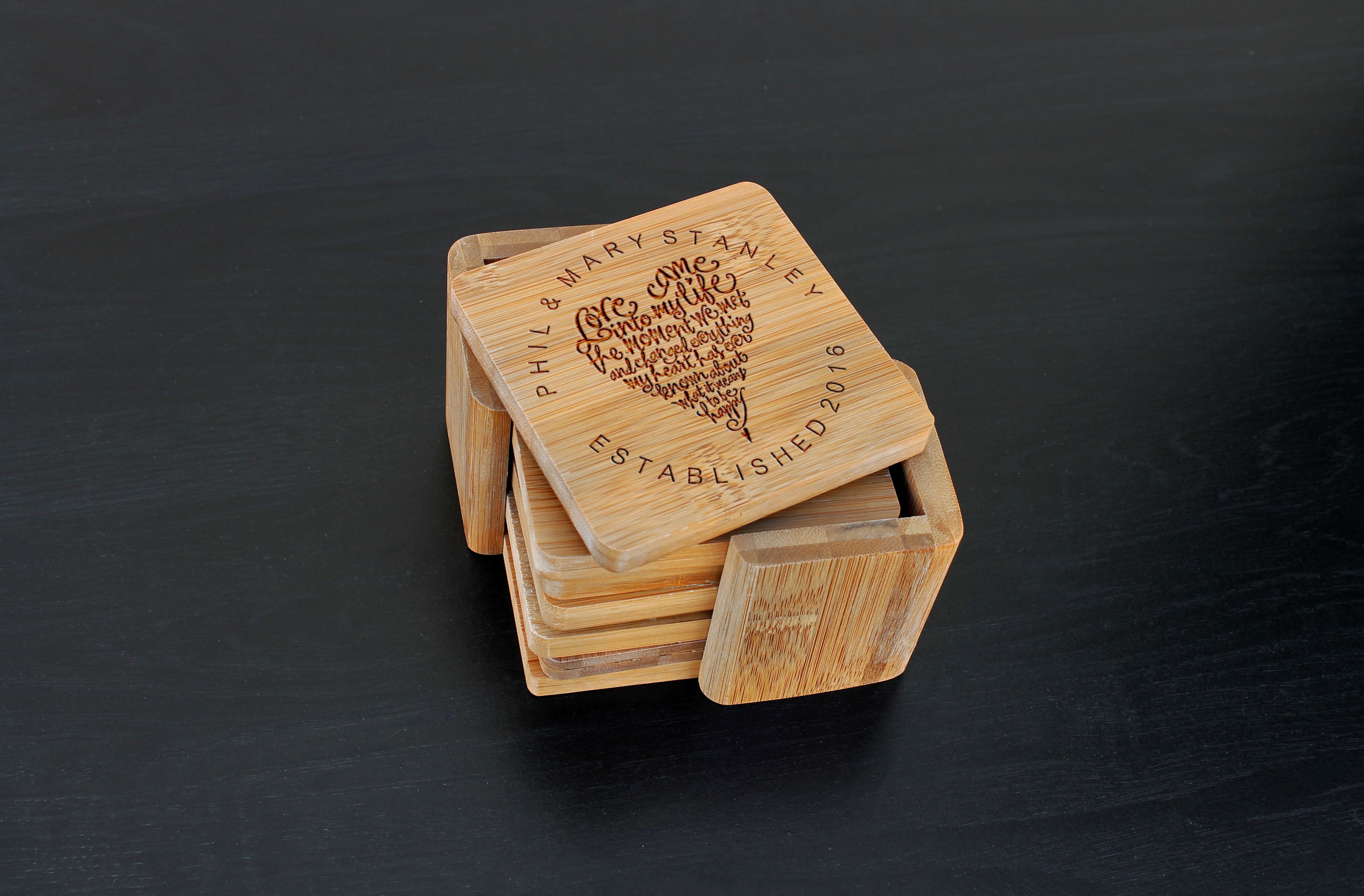 Custom Bamboo Coasters, Custom Engraved Coasters --Cst-Bam-Phil Mary Stanley