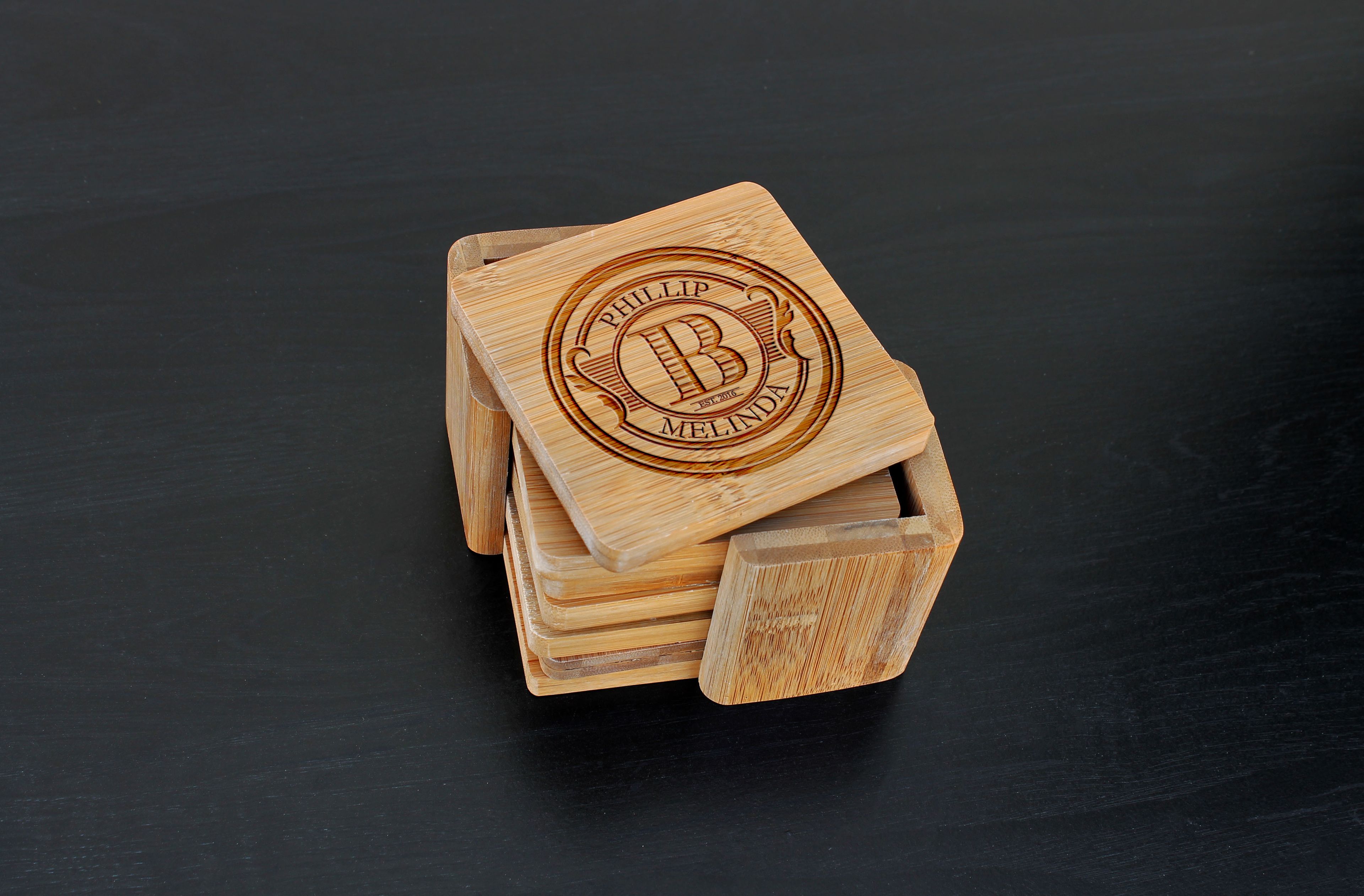 Custom Bamboo Coasters, Custom Engraved Coasters --Cst-Bam-Phillip Melinda