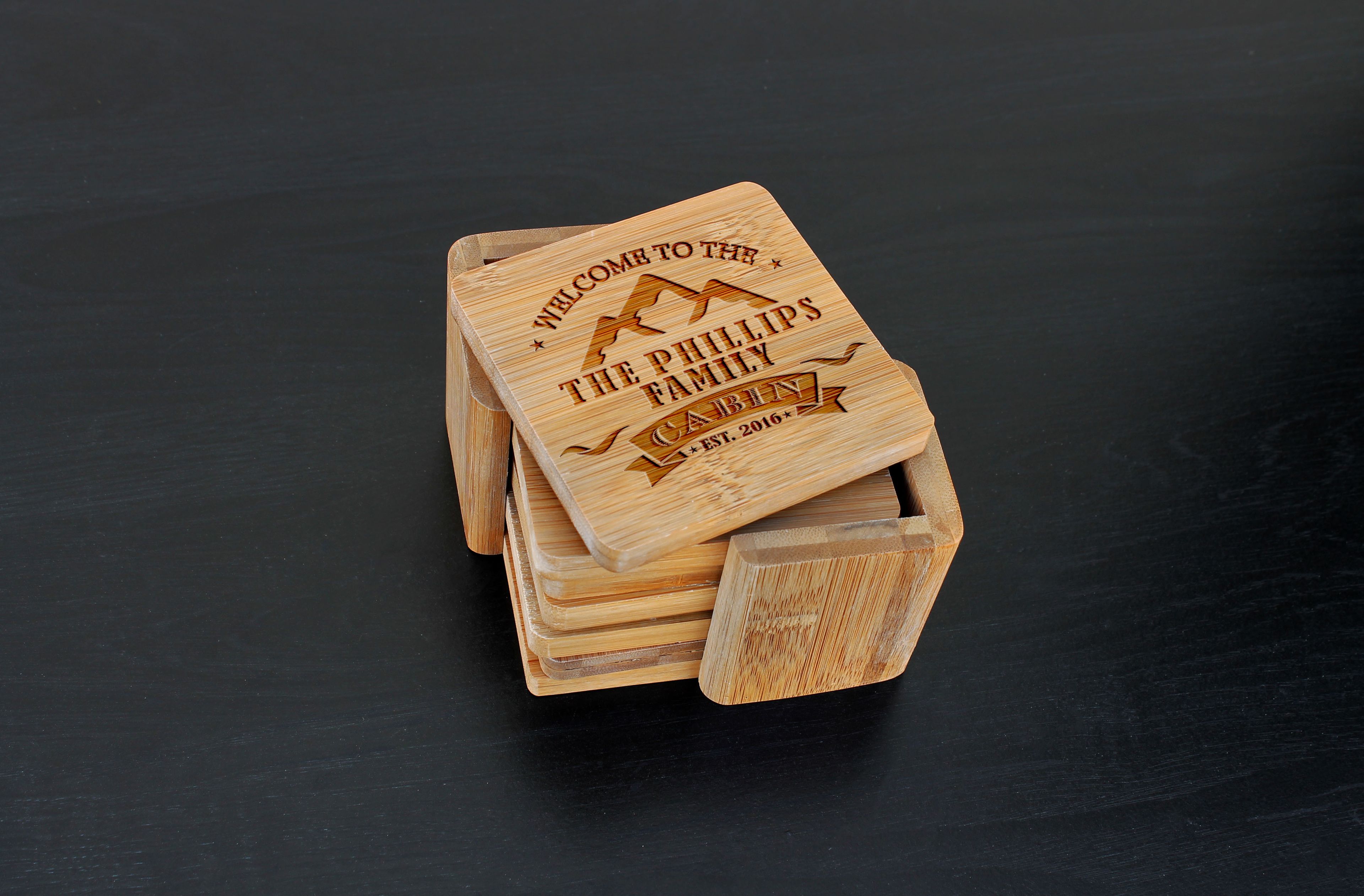 Custom Bamboo Coasters, Custom Engraved Coasters --Cst-Bam-Phillips Cabin