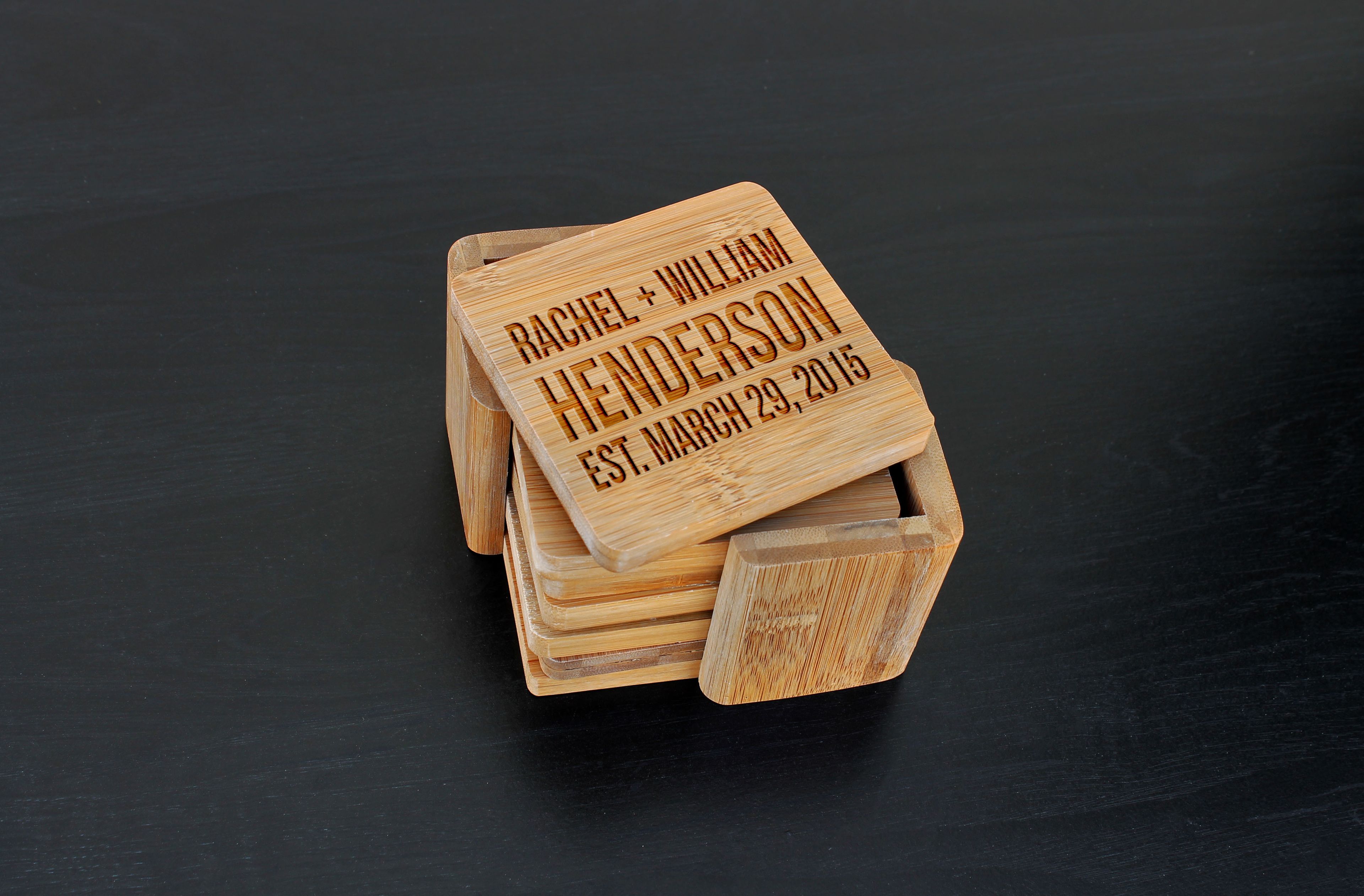 Custom Bamboo Coasters, Custom Engraved Coasters --Cst-Bam-Rachel William Henderson