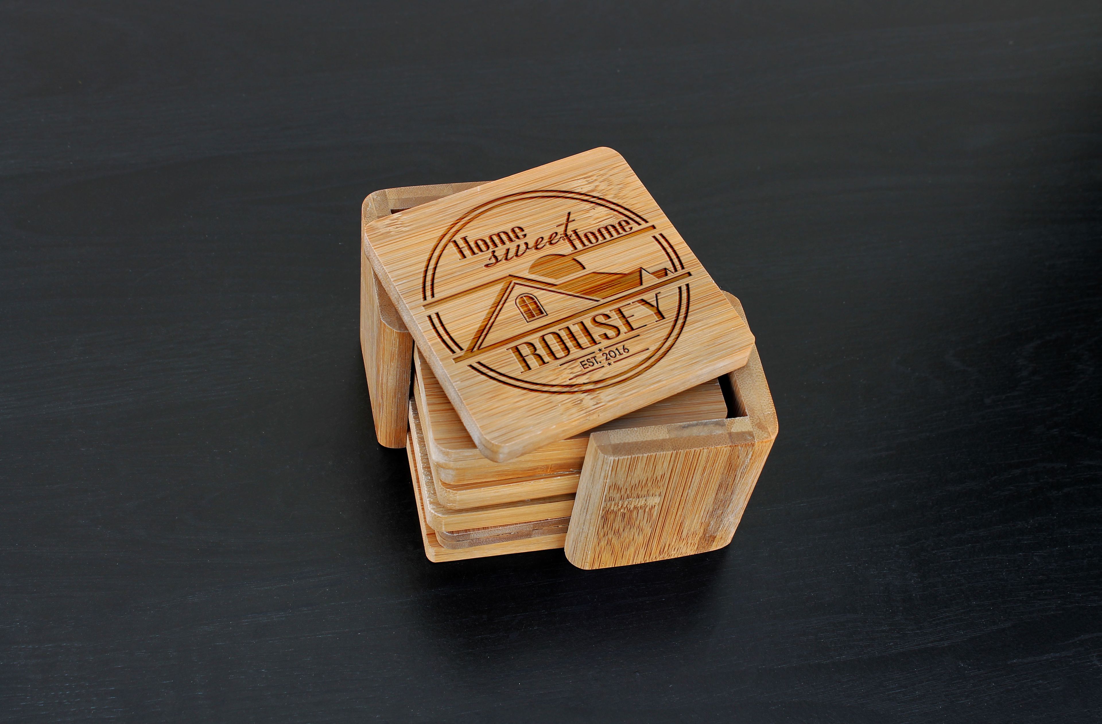 Custom Bamboo Coasters, Custom Engraved Coasters --Cst-Bam-Rousey Home Sweet Home