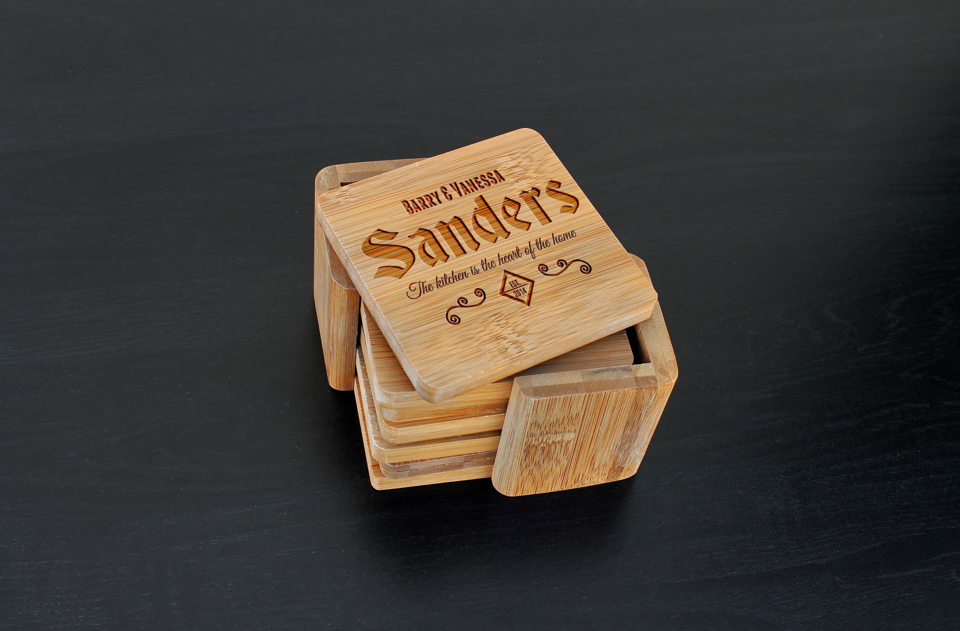 Custom Bamboo Coasters, Custom Engraved Coasters --Cst-Bam-Sanders