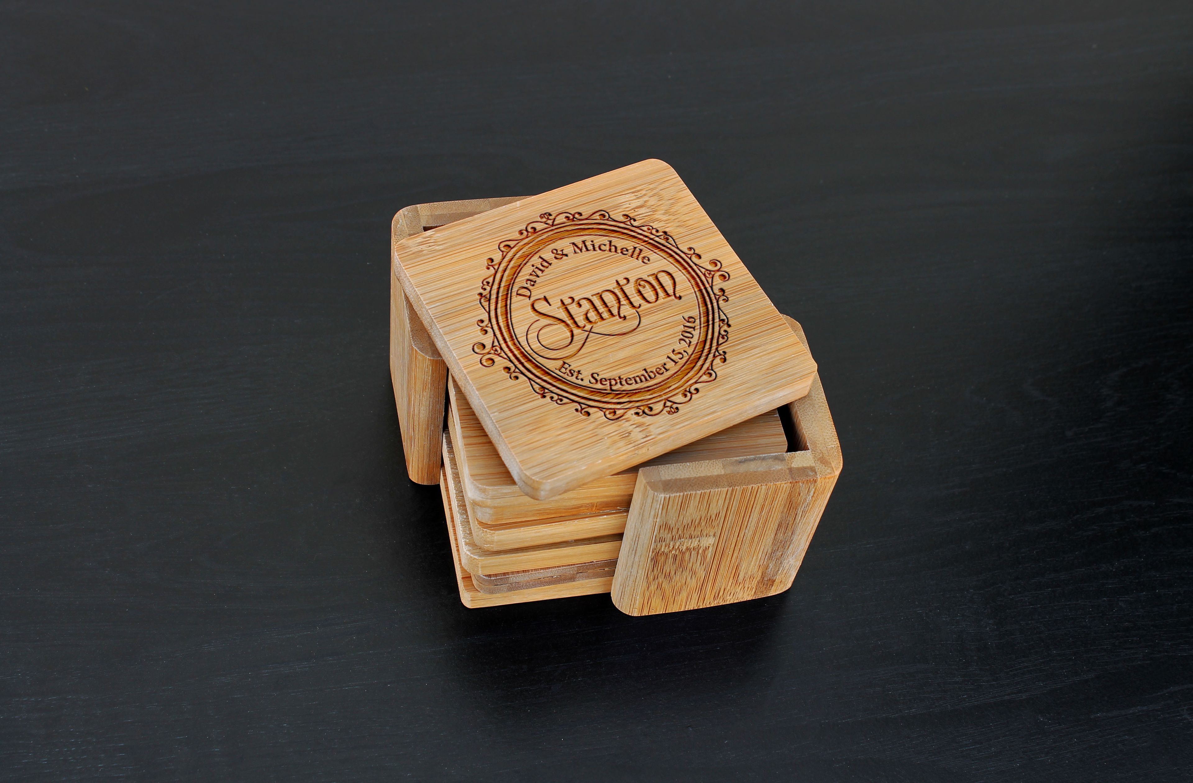 Custom Bamboo Coasters, Custom Engraved Coasters --Cst-Bam-Stanton