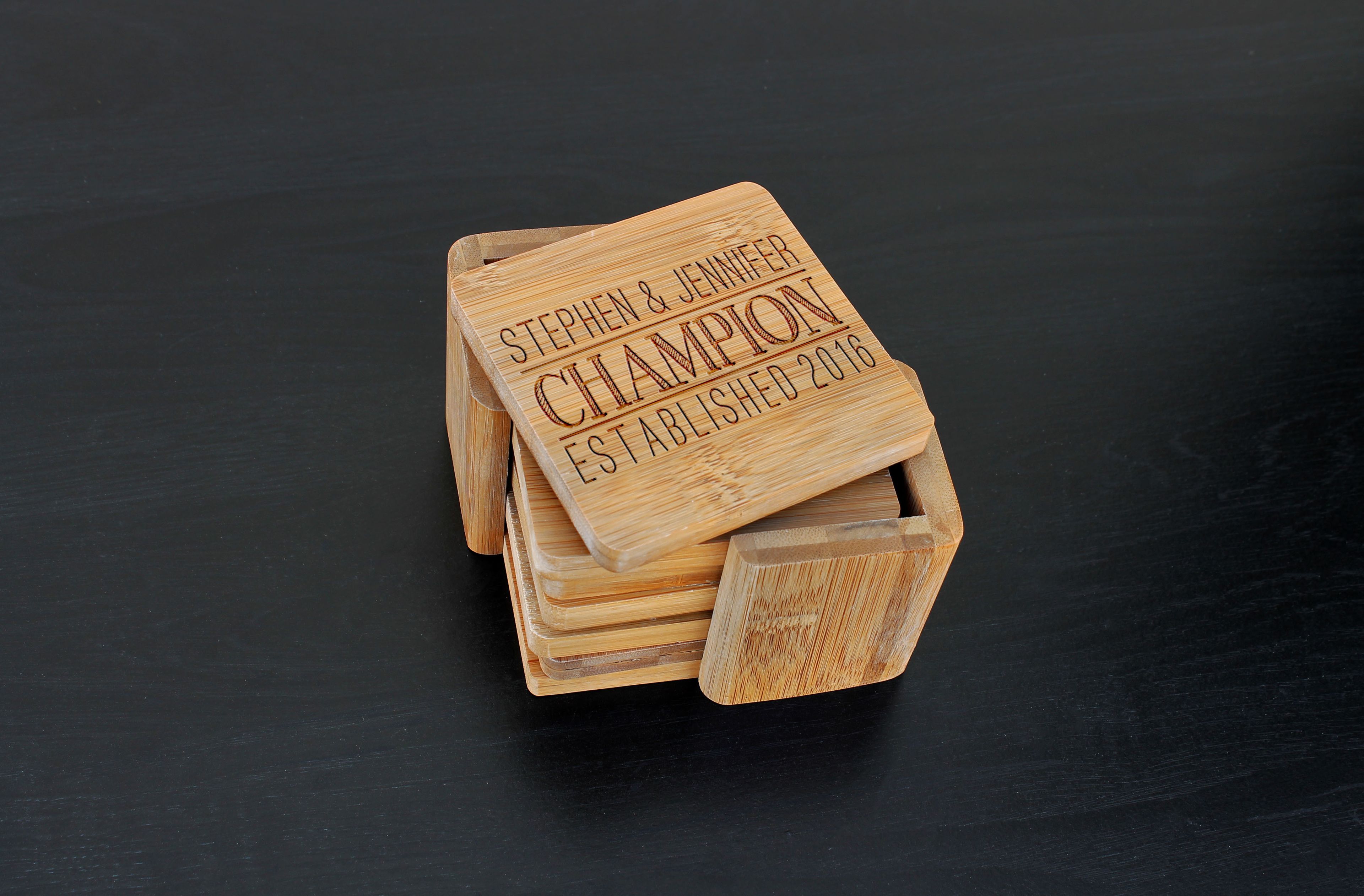 Custom Bamboo Coasters, Custom Engraved Coasters --Cst-Bam-Stephen Jennifer Champion