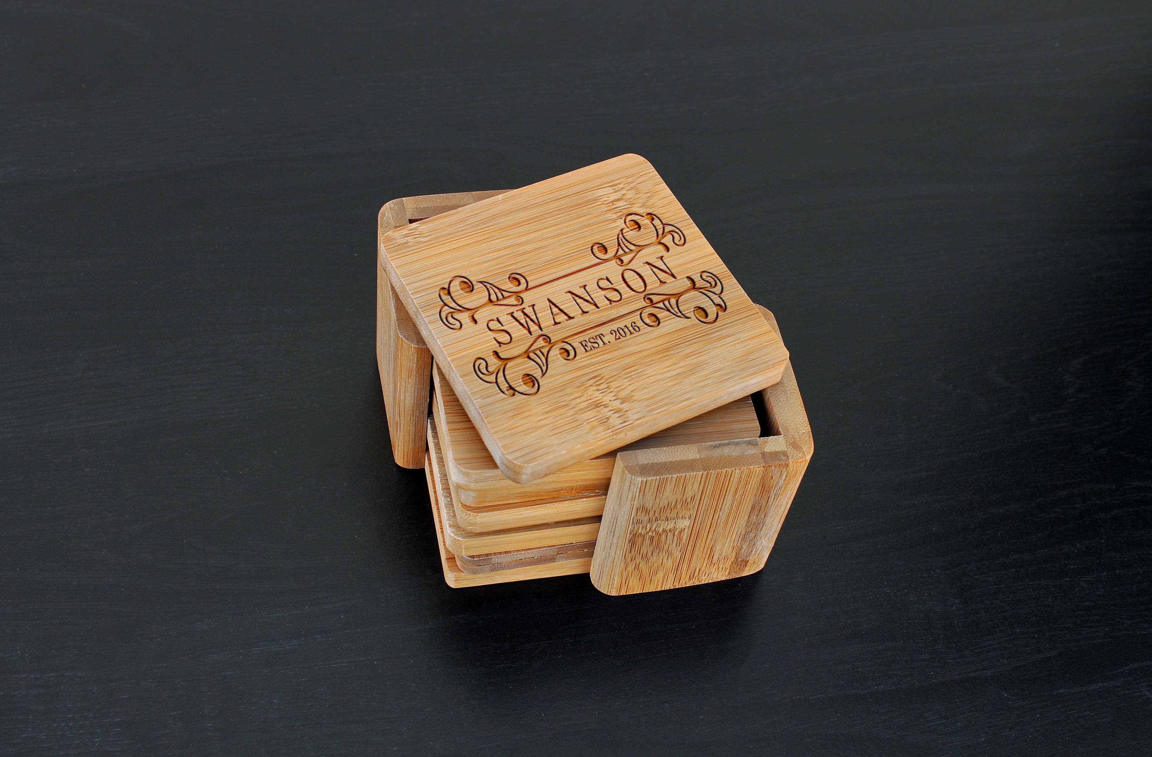 Custom Bamboo Coasters, Custom Engraved Coasters --Cst-Bam-Swanson