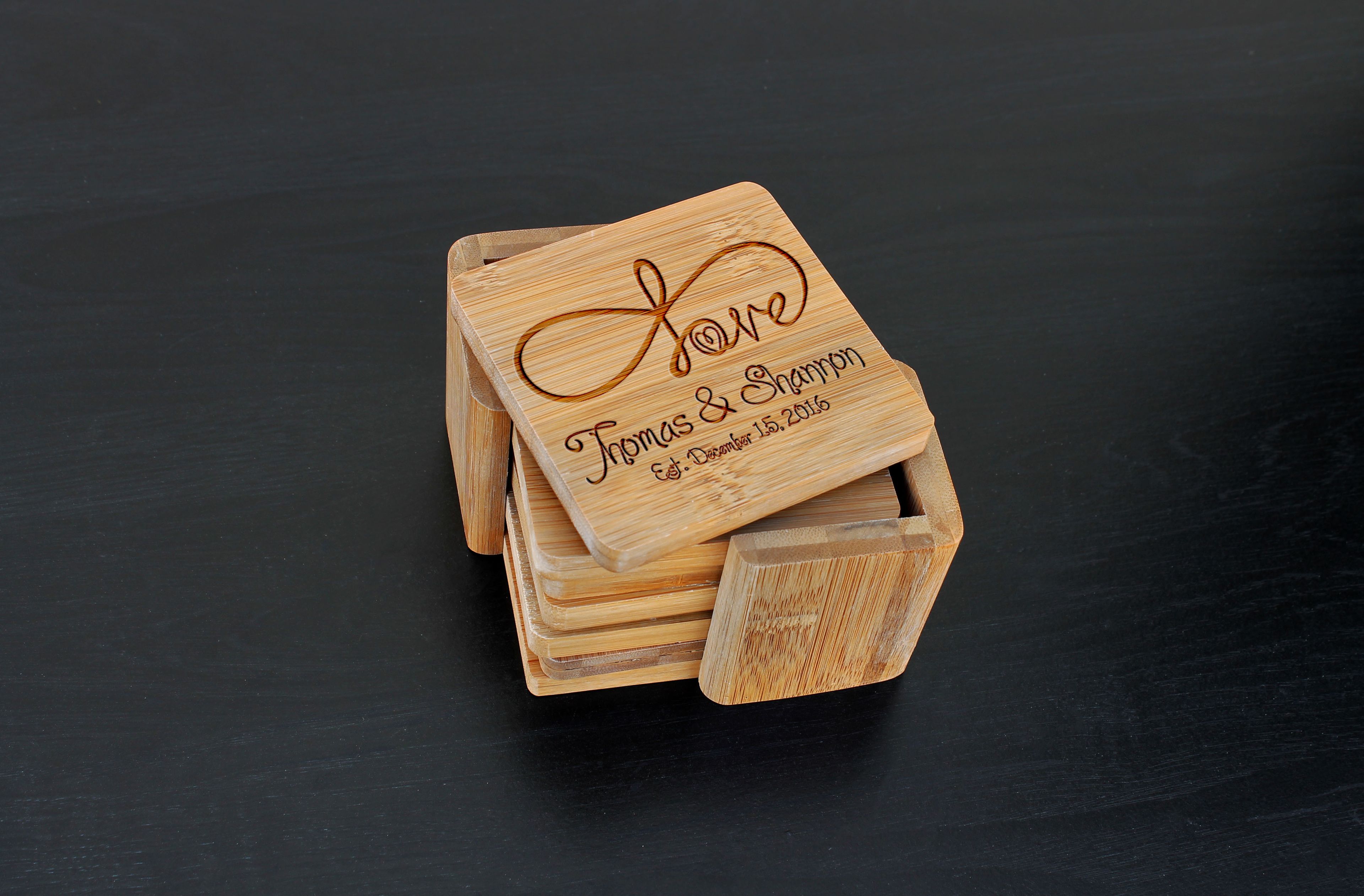 Custom Bamboo Coasters, Custom Engraved Coasters --Cst-Bam-Thomas Shannon Infinity
