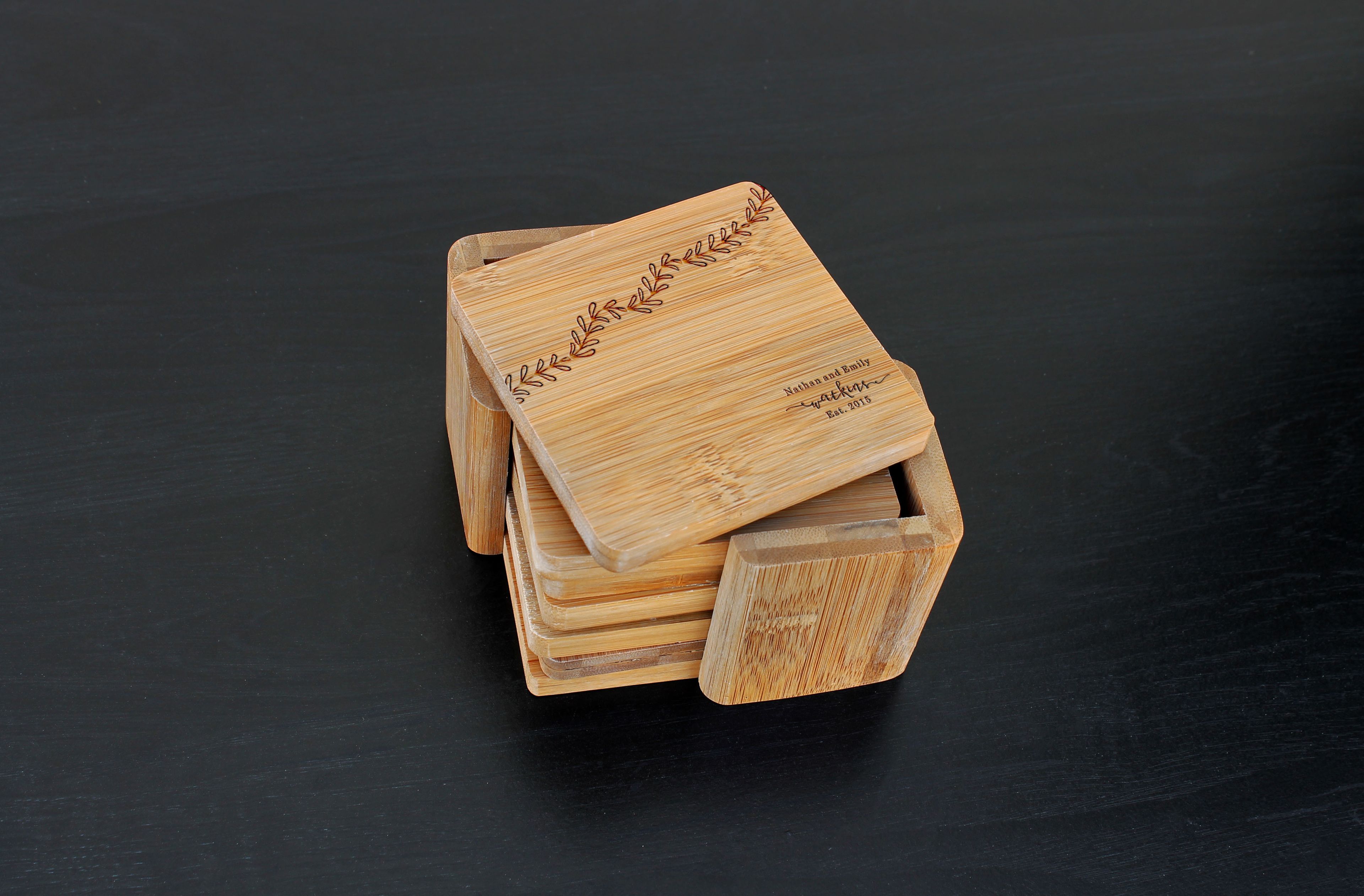 Custom Bamboo Coasters, Custom Engraved Coasters --Cst-Bam-Watkins Leaf