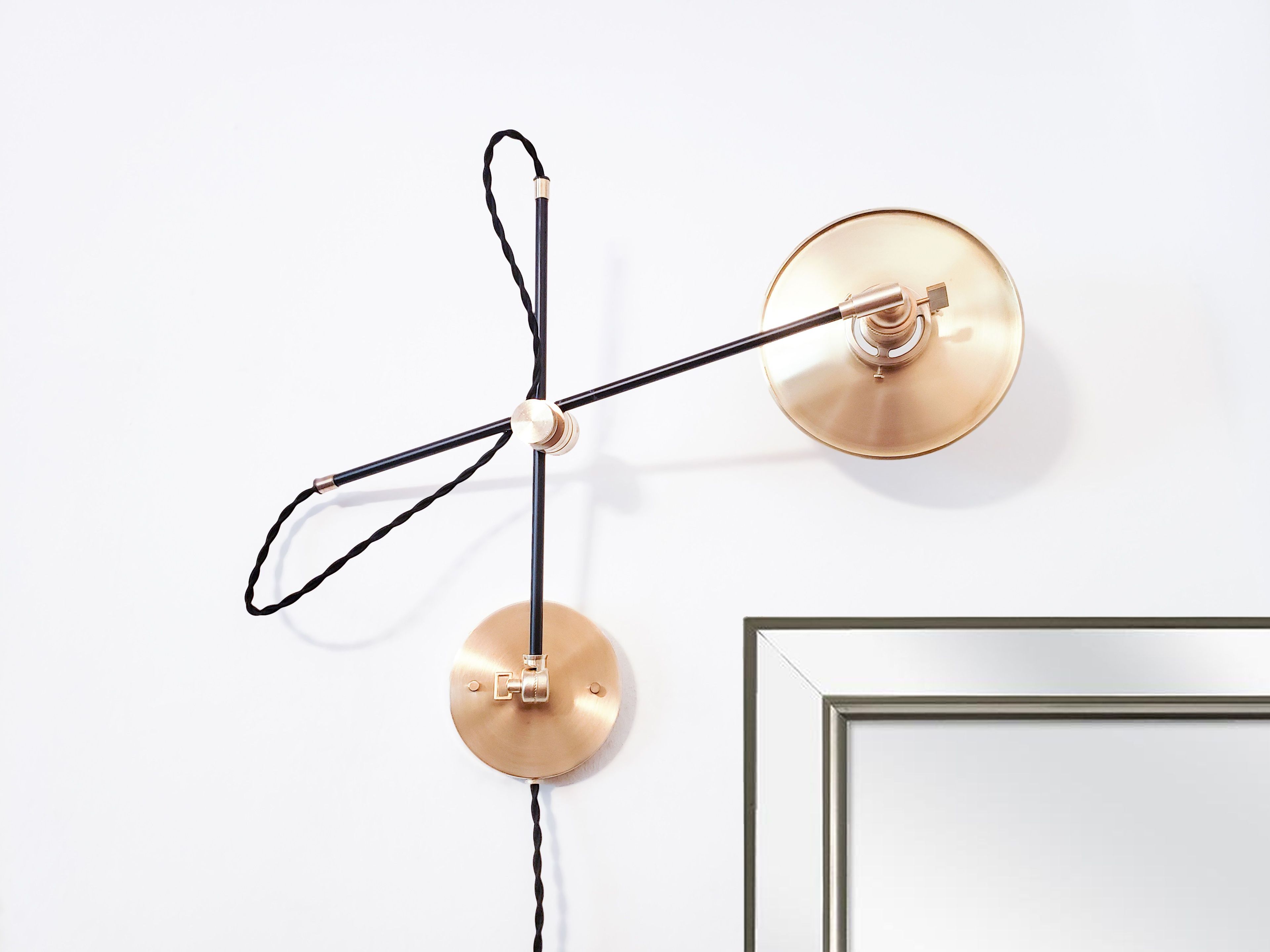 Matte Black and Brass Industrial Scissor Wall Lamp - Pharmacy Articulating Modern Boom Light - Drafting Task Lamp - Old School Flat Shade 3 